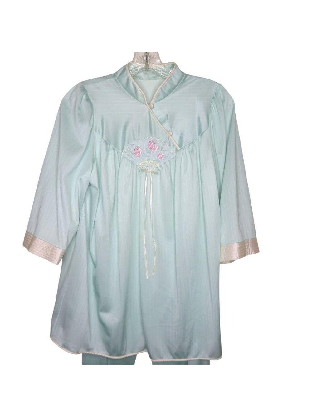 Vintage Lorraine Womens Aqua Pajama Set Small Embroidered Fan Detail 100% Nylon